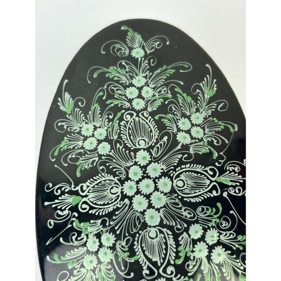 Vintage Green Teal Black Lacquer Oval Trinket Box Floral Pretty Home Decor Vanit - Picture 11 of 14